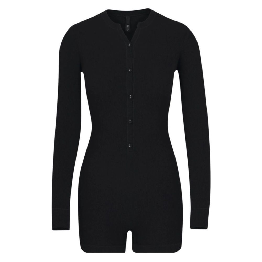 SKIMS Black Soft Lounge Button Up Henley Ribbed Sleep Romper Size Medium Casual - Picture 15 of 16
